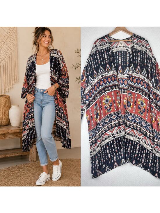 Billabong Sweaters - Billabong Boho Tribal Floral Open Front Kimono Cover Up M/L Navy Pink Rayon